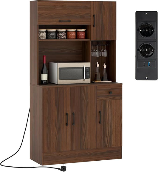 Credenza Alta da Cucina con 5 Ante e Cassetto, Armadio Dispensa da Cucina con Presa Elettrica, Mobile Cucina con Ripiani Regolabili per Sala da Pranzo e Soggiorno, 90 x 39 x 167 cm, Naturale