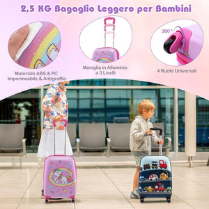 5 Pezzi Valigia per Bambini, Valigia con ManicoTelescopico da 16" con 13" Zainetto, Cuscino per Il Collo, Etichetta per Bagaglio, Borsa per Il Pranzo, con Ruote Girevoli a 360 ° (Modello 1)