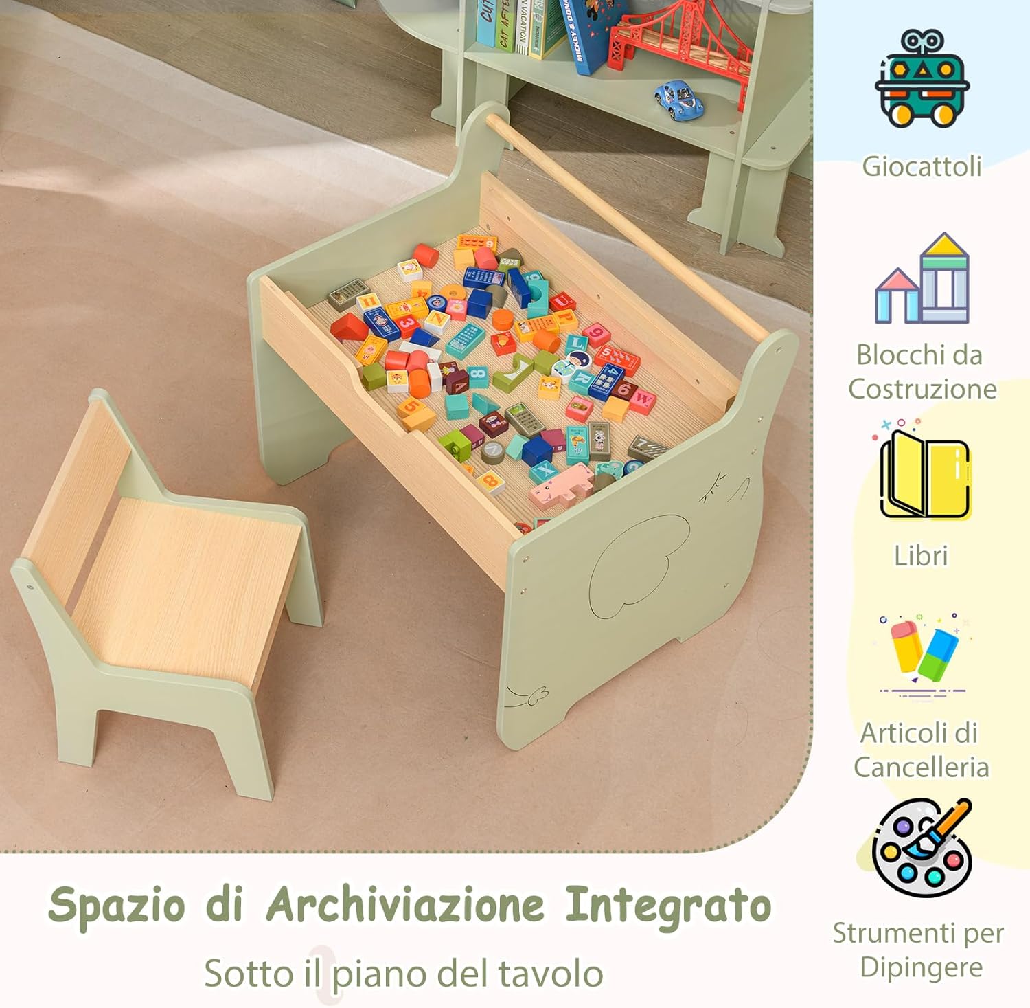 Tavolo a Forma di Elefante con Sedie 2 in 1, Set Tavolo e Sedie in Legno con Piano Rimovibile, Spazio di Archiviazione e Porta Rotolo di Carta per Aula per Cameretta, Aula e Asilo, Verde
