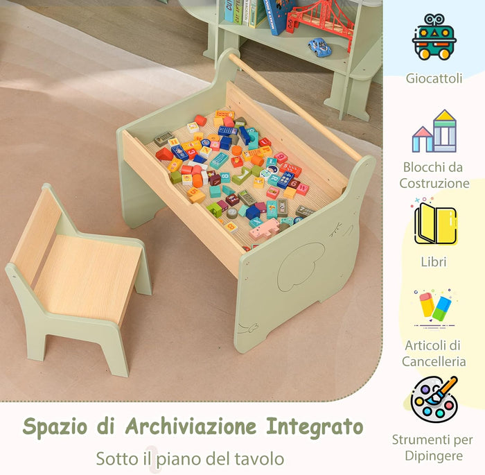 Tavolo a Forma di Elefante con Sedie 2 in 1, Set Tavolo e Sedie in Legno con Piano Rimovibile, Spazio di Archiviazione e Porta Rotolo di Carta per Aula per Cameretta, Aula e Asilo, Verde