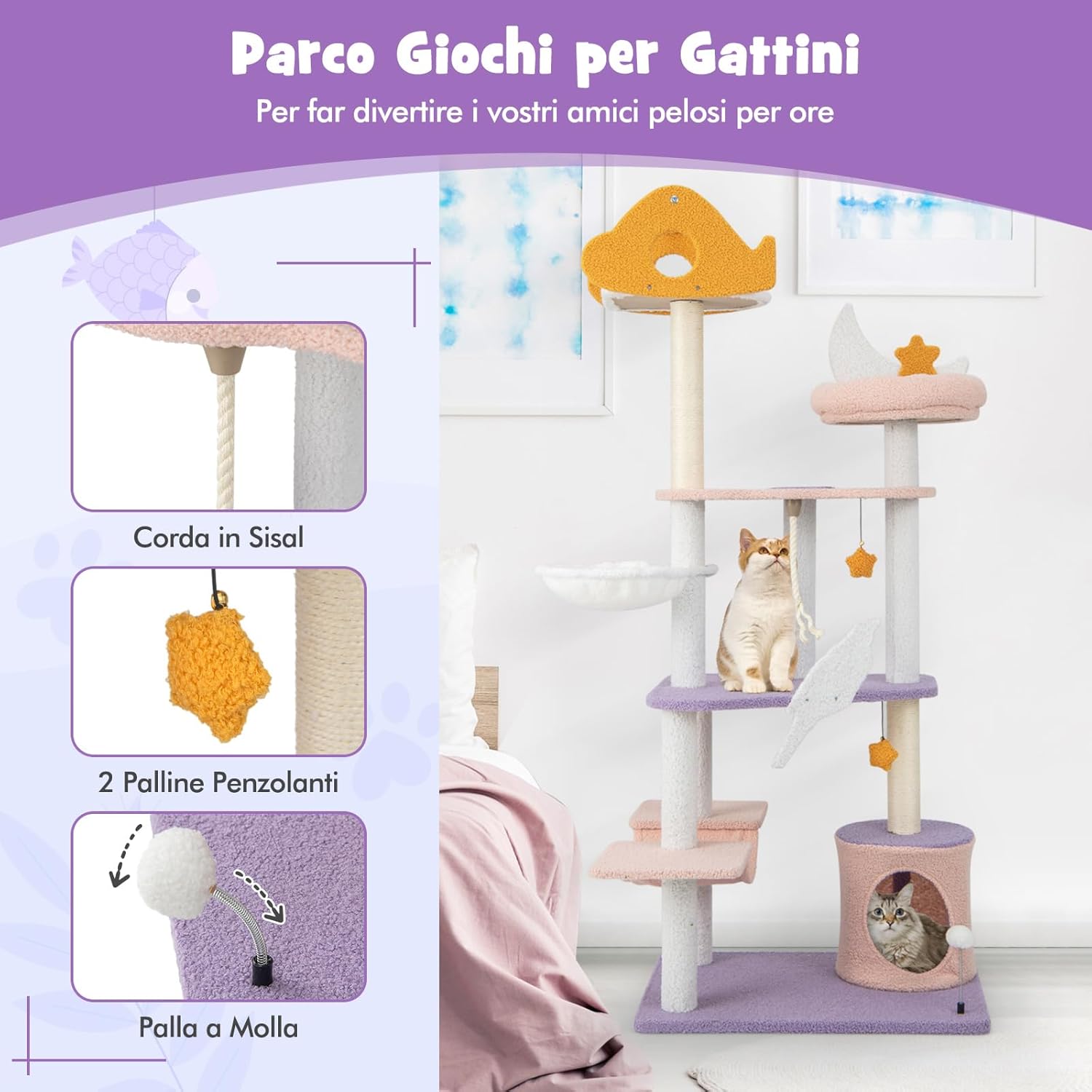 Tiragraffi per Gatti Alto 167 cm, Albero per Gatti Tiragraffi Gatto Stabile Multilivello, Albero Giochi in Sisal Piatteforme Rela, Ampio e Sicuro, 1 Amaca, 1 Grotta, 1Cesto