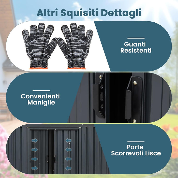 Casetta da Giardino 3,25 m³, Capanni da Esterno Porta Attrezzi Multifunzionale con Tetto Inclinato, Porte Scorrevoli, Ventilazione e Telaio Metallico Zincato 192,5 x 129 x 196 cm