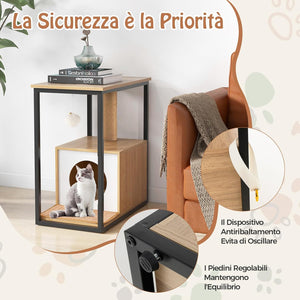 Cuccia per Gatti, Casetta per Gatti con Giocattolo a Palla Pensile e Dispositivo Anti-Ribaltamento, Tavolino Moderno e Multisuo con Case per Gatti, 60 x 36 x 66 cm(Naturale)