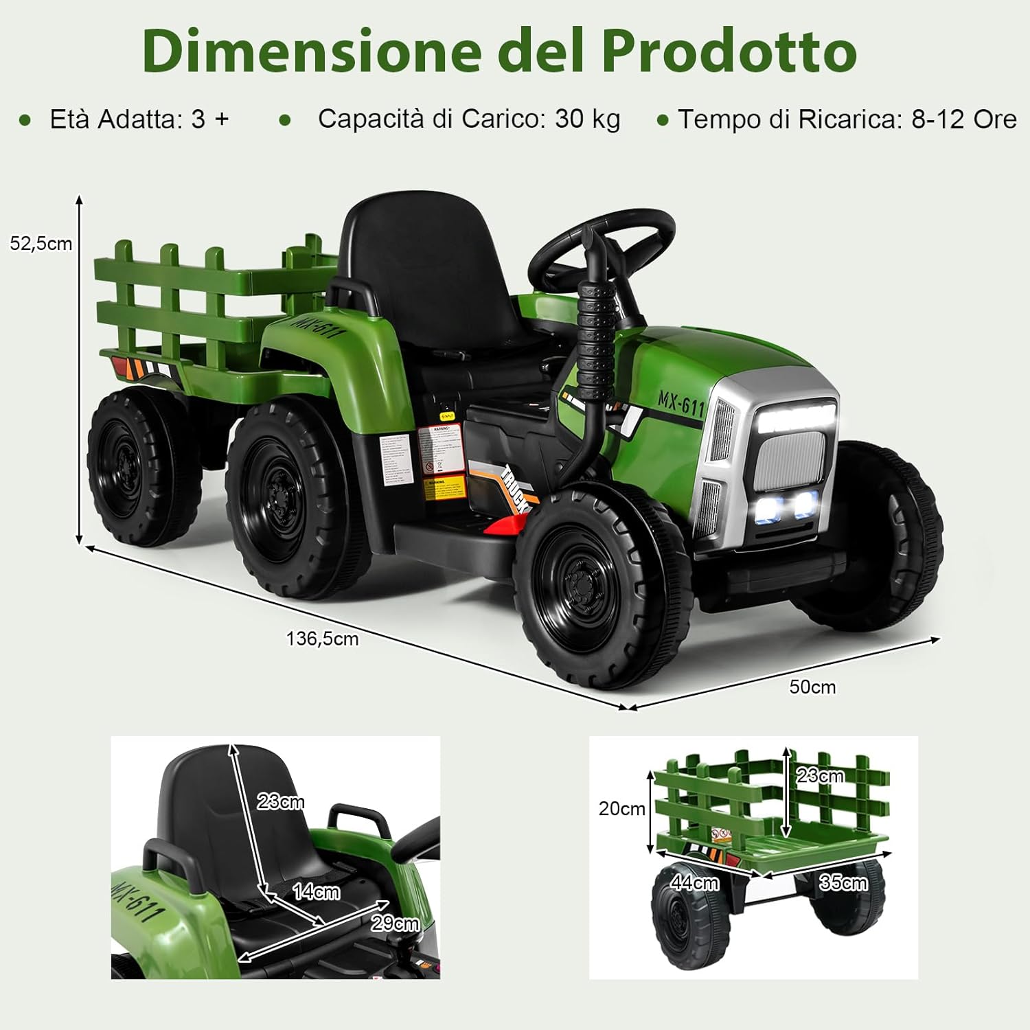 Trattore con Rimorchio Cavalcabile per Bambini 12V, Trattore Elettrico Telecomandato, con Luci e Suoni, 30kg, 3+ Anni (Verde Scuro)