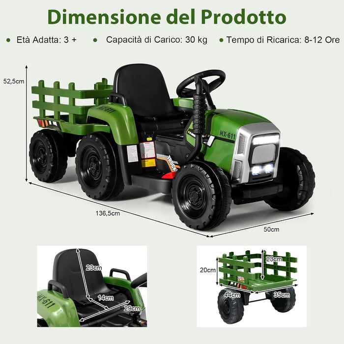 Trattore con Rimorchio Cavalcabile per Bambini 12V, Trattore Elettrico Telecomandato, con Luci e Suoni, 30kg, 3+ Anni (Verde Scuro)