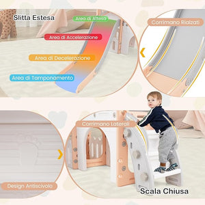 Scivolo per Bambini 9 in 1, Set da Gioco con Canestro da Basket, Telescopio, Volante, Corridoio, Tunnel e Spazio di Archiviazione, Scivolo da Interno ed Esterno per 1+ Anni (Rosa+Grigio)