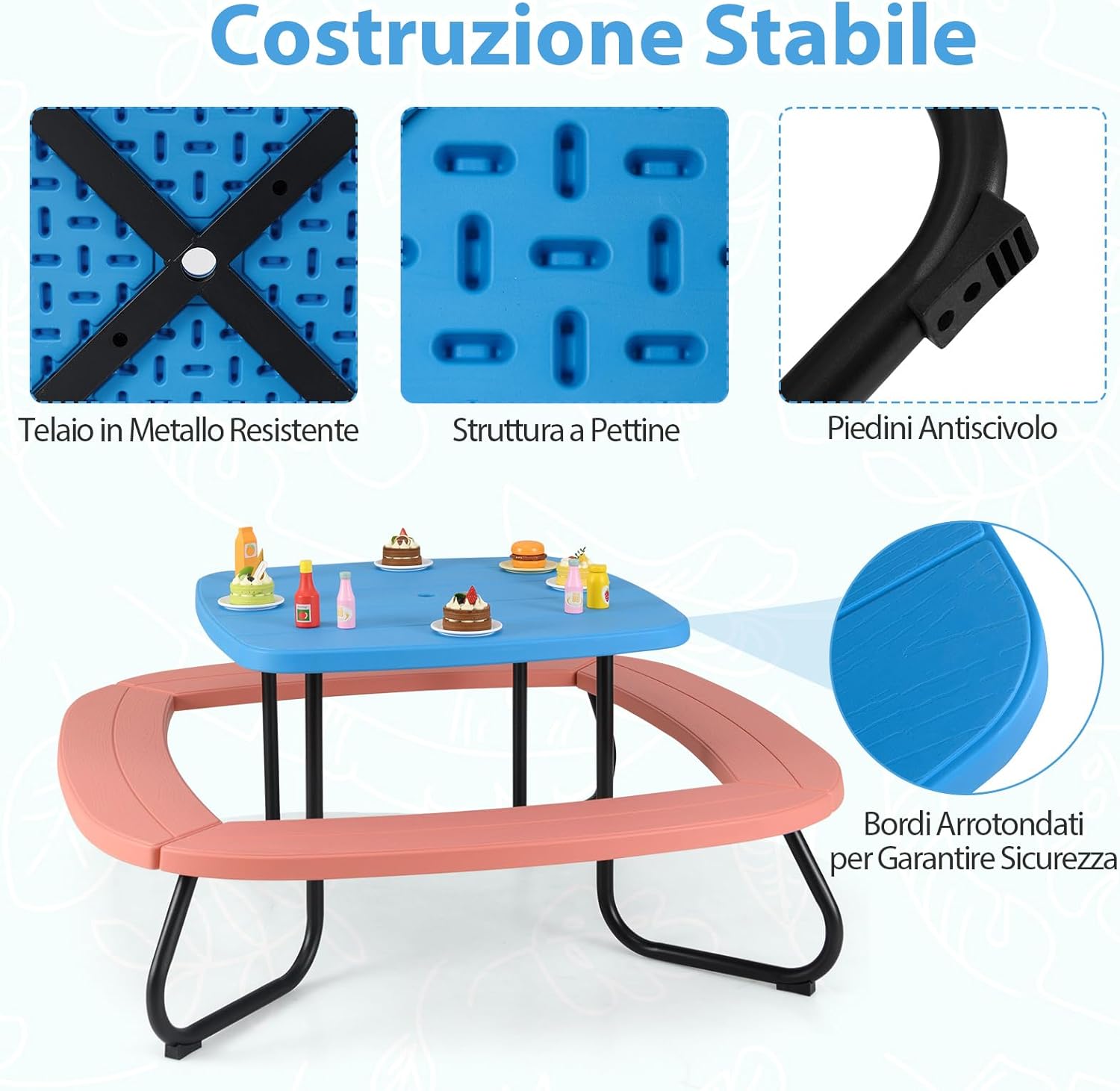 Tavolo da Picnic per Bambini con 8 Posti 125 × 125 × 100-160 cm, Tavolino Bambini in HDPE con Ombrellone Regolabile e Pieghevole, Struttura in Metallo e 4 Panchine (tavolo blu)