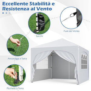 Gazebo Piehevole da Esterno 3 x 3 m, Gazebo Regolabile in Altezza con Pareti Rimovibili, Borsa con Ruote, Picchetti, Ancoraggi, Corde Vento e Sacchi di Sabbia, Tendone per Giardino (Bianco)