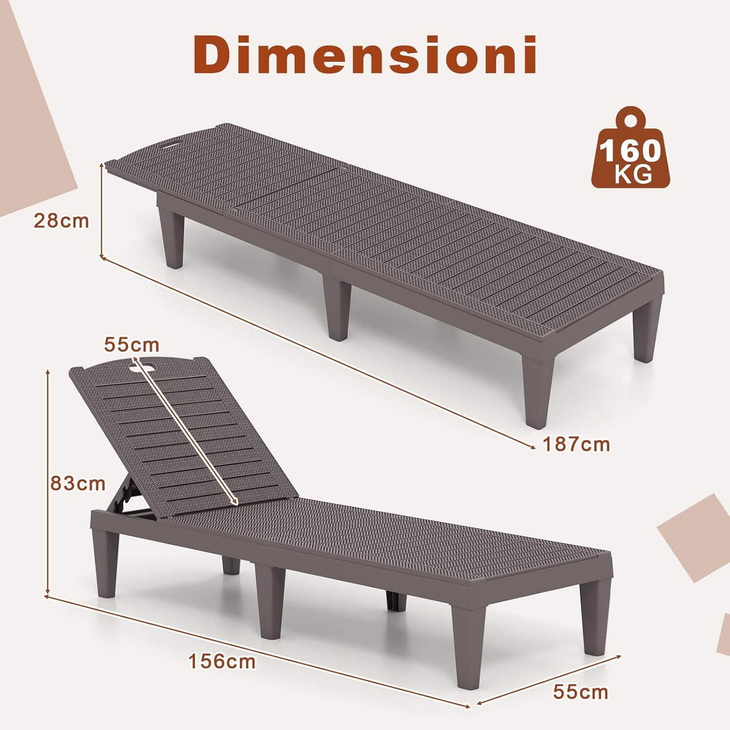 Set di 2 Sedie a Sdraio, Lettino Prendisole da Esterno in PP con Schienali Regolabili in 4 Posizioni, Sedia Reclinabile per Patio, Piscina, Terrazza, Portata 160 kg (Marrone)