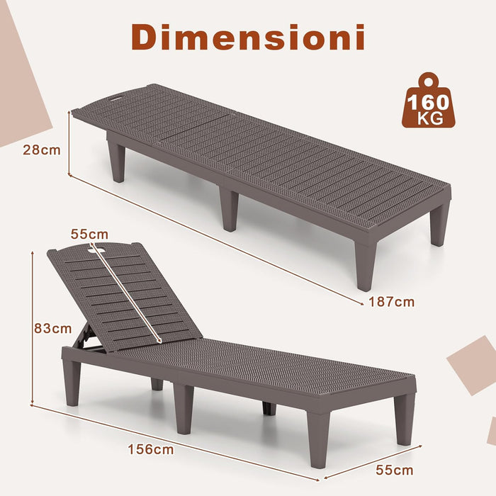 Set di 2 Sedie a Sdraio, Lettino Prendisole da Esterno in PP con Schienali Regolabili in 4 Posizioni, Sedia Reclinabile per Patio, Piscina, Terrazza, Portata 160 kg (Marrone)
