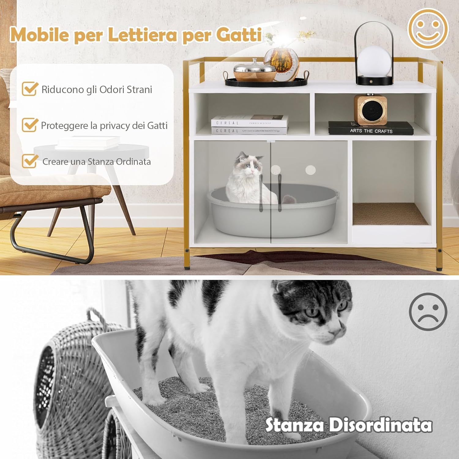 Mobile per Lettiera Gatti con Ripiani Aperti e Ripiani Chiusi con Maniglie, Mobiletto Multiuso in Legno e Metallo, Ideale per Ingresso e Soggiorno, Portata 50 kg (Bianco)