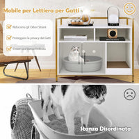 Mobile per Lettiera Gatti con Ripiani Aperti e Ripiani Chiusi con Maniglie, Mobiletto Multiuso in Legno e Metallo, Ideale per Ingresso e Soggiorno, Portata 50 kg (Bianco)