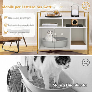 Mobile per Lettiera Gatti con Ripiani Aperti e Ripiani Chiusi con Maniglie, Mobiletto Multiuso in Legno e Metallo, Ideale per Ingresso e Soggiorno, Portata 50 kg (Bianco)