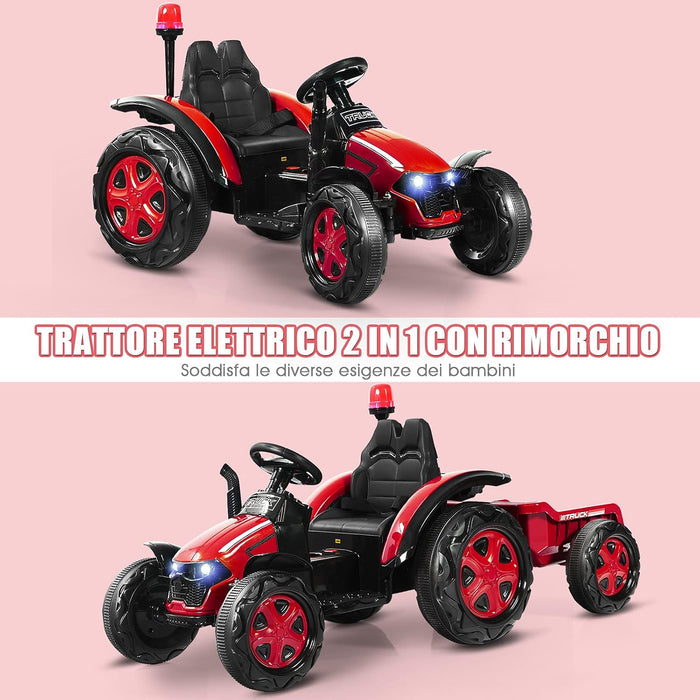 Trattore Elettrico per Bambini con Rimorchio, 2 in 1 Go Kart e Trattore per Bambini 3-8 Anni, con Telecomando e Cintura di Sicurezza a 2 Punti (Rosso)