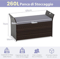 Baule da Giardino 260 L in Rattan PE, Cassapanca Contenitore da Esterno con Cuscino e Maniglie Laterali, per Interni e Esterni, 125 x 56 x 71 cm (Modello 10)