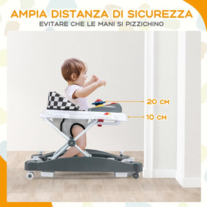 Girello per Bambini 6 in 1, Primi Passi per Neonati con Altezza Regolabile, Sedia a Dondolo per Bambini, Girello Pieghevole con Vassoio Musicale, Cuscino, per Bambini 6+ Mesi (Grigio)