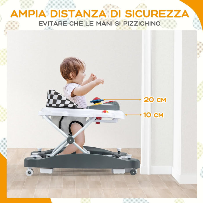 Girello per Bambini 6 in 1, Primi Passi per Neonati con Altezza Regolabile, Sedia a Dondolo per Bambini, Girello Pieghevole con Vassoio Musicale, Cuscino, per Bambini 6+ Mesi (Grigio)