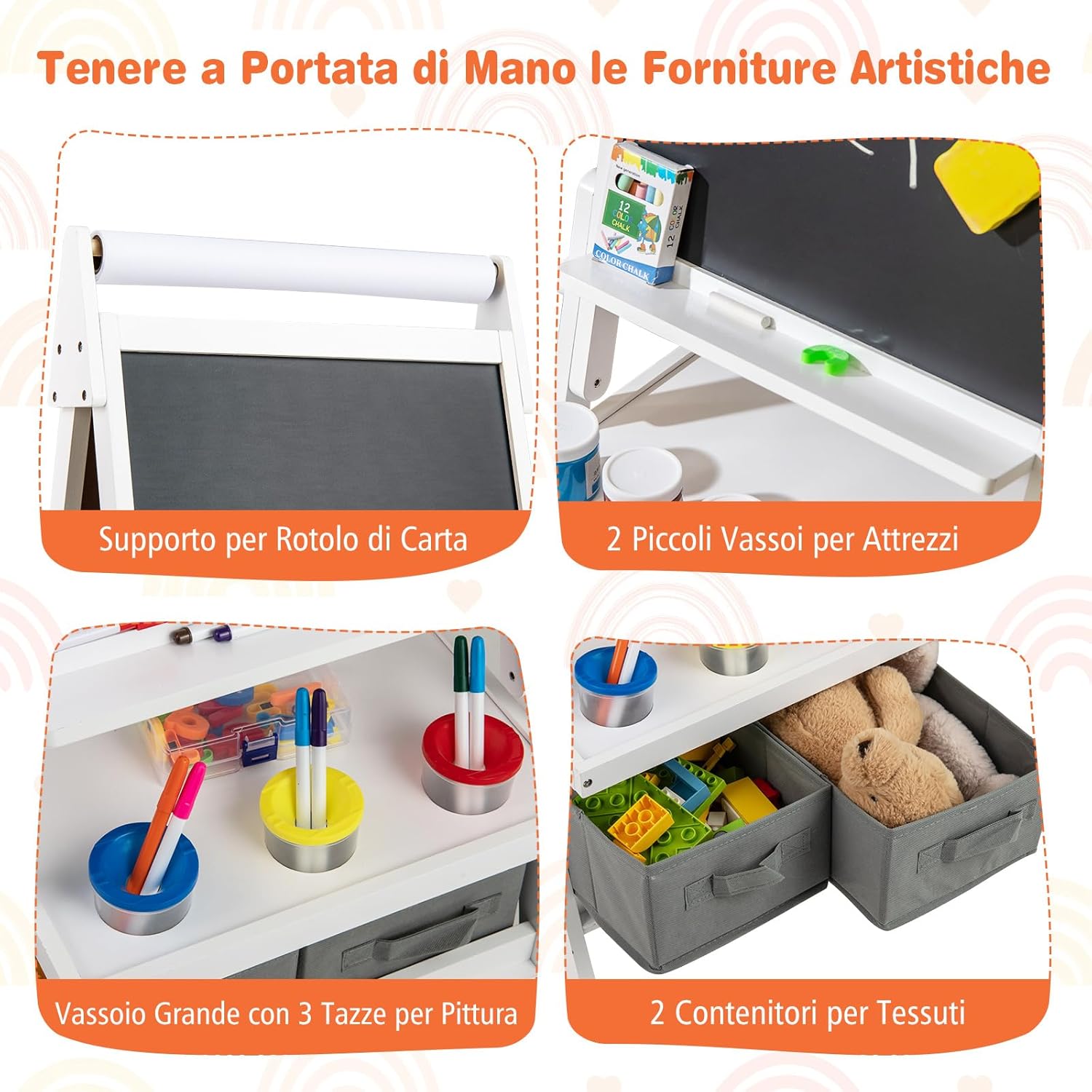 3 in 1 Cavalletto per Bambini, Cavalletto con Doppia Faccia Magnetica e Lavagna Bianca, Rotolo di Carta, 3 Bicchieri per Vernice e 2 Ceste in Tessuto, per Bambini 3-6 Anni (Bianco)