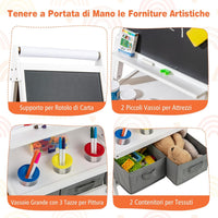 3 in 1 Cavalletto per Bambini, Cavalletto con Doppia Faccia Magnetica e Lavagna Bianca, Rotolo di Carta, 3 Bicchieri per Vernice e 2 Ceste in Tessuto, per Bambini 3-6 Anni (Bianco)