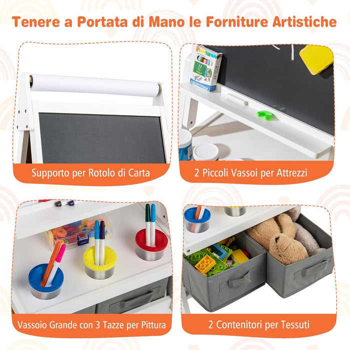 3 in 1 Cavalletto per Bambini, Cavalletto con Doppia Faccia Magnetica e Lavagna Bianca, Rotolo di Carta, 3 Bicchieri per Vernice e 2 Ceste in Tessuto, per Bambini 3-6 Anni (Bianco)