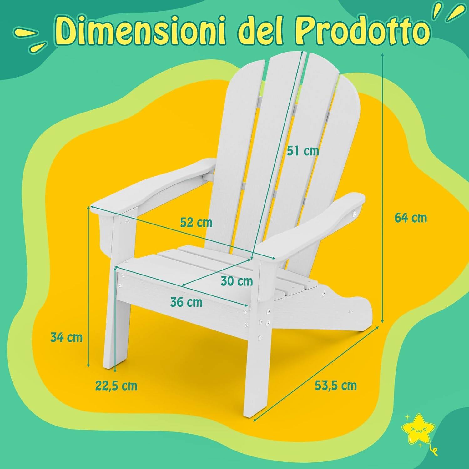 Sedia Adirondack per Bambini da Giardino, Sedie Ergonomica in HDPE con Schienale Inclinato e Braccioli, Poltrona per Interno ed Esterno, per Bambini 3 a 8 Anni, 52 x 53,5 x 64 cm (Bianco)