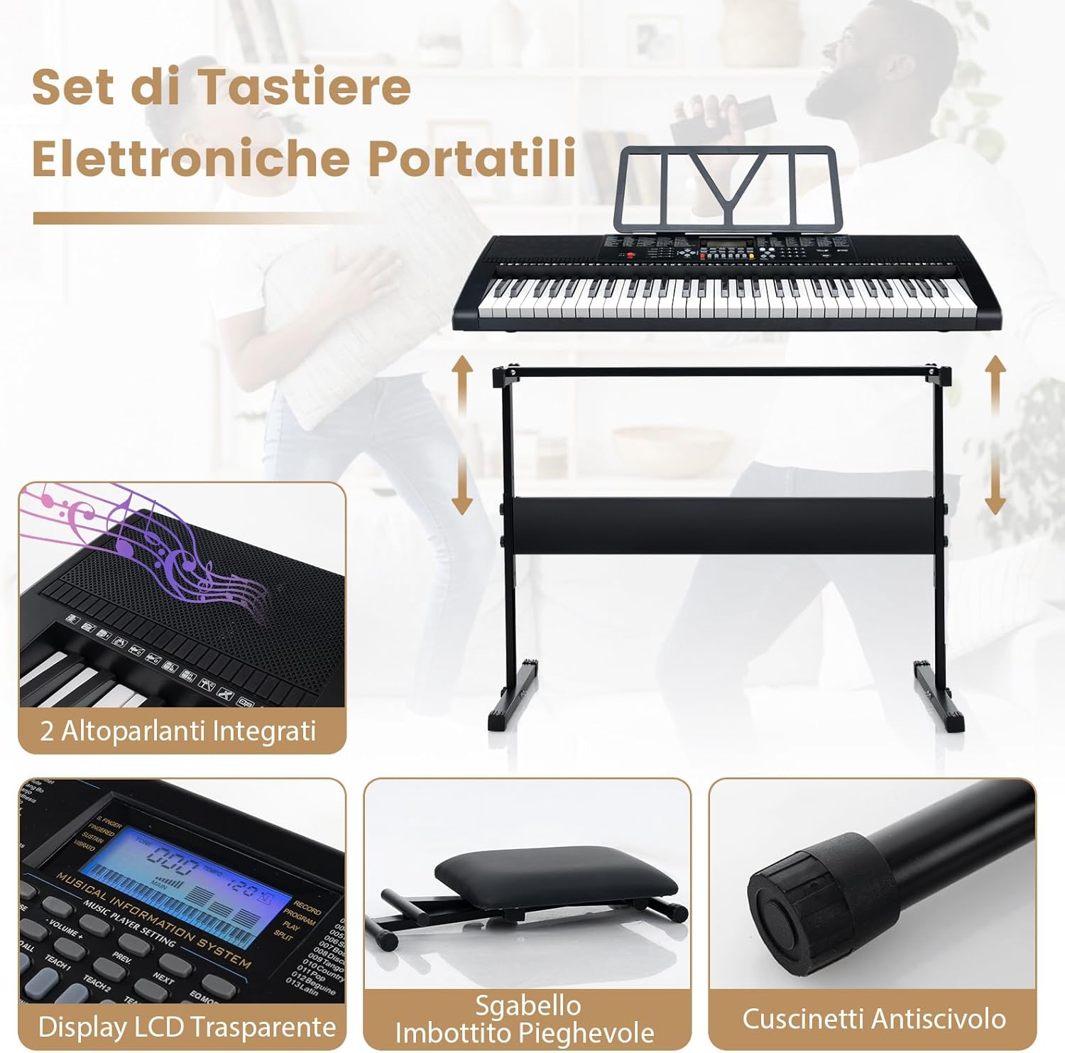 Set Pianoforte Elettronico Portatile a 61 Tasti, Pianoforte Digitale con 600 Timbri, 400 Ritmi, 50 Canzoni Demo, Pianoforte con Supporto e Sgabello, Tasti Luminosi, Microfono, Cuffie