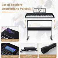 Set Pianoforte Elettronico Portatile a 61 Tasti, Pianoforte Digitale con 600 Timbri, 400 Ritmi, 50 Canzoni Demo, Pianoforte con Supporto e Sgabello, Tasti Luminosi, Microfono, Cuffie