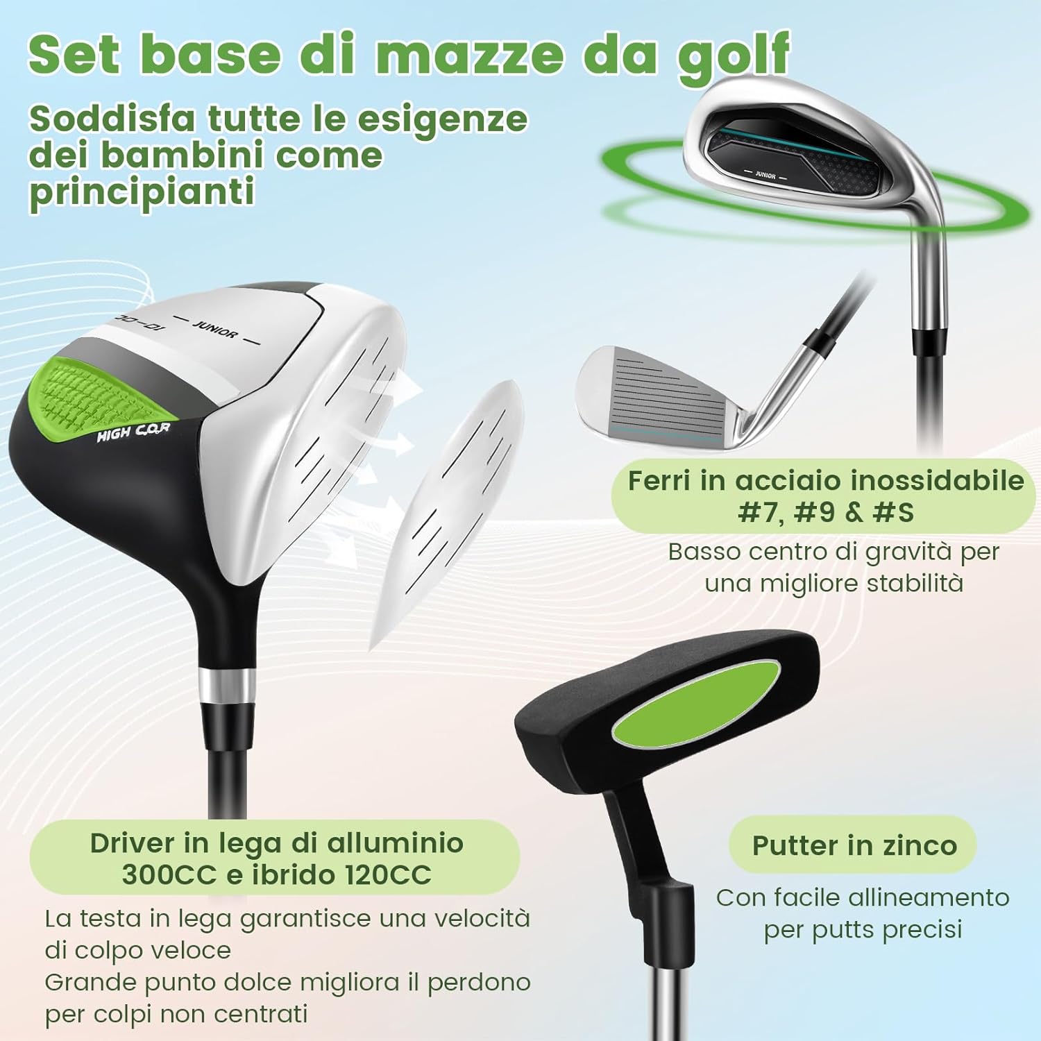 Set di Mazze da Golf per Bambini con Sacca, Fodera Impermeabile, Driver 1, Ibrido 5, Ferro 7, Ferro 9, Ferro S e Putter, Set Allenamento Golf per 11-13 Anni, Destrorso