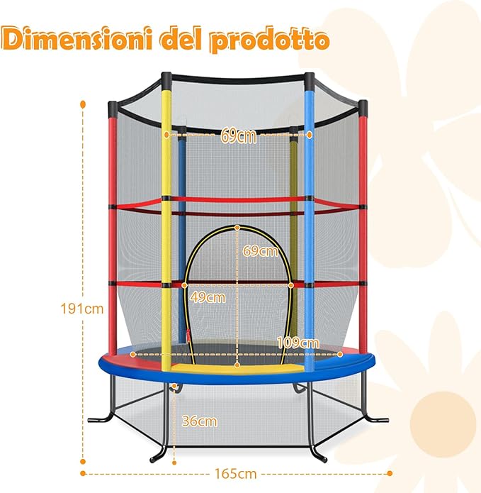 Trampolino Elastico Bambino in Acciaio, Tappeto Elastico Bambini da Esterno e da Interno, con Rete e Cusicnetti Antiscivolo