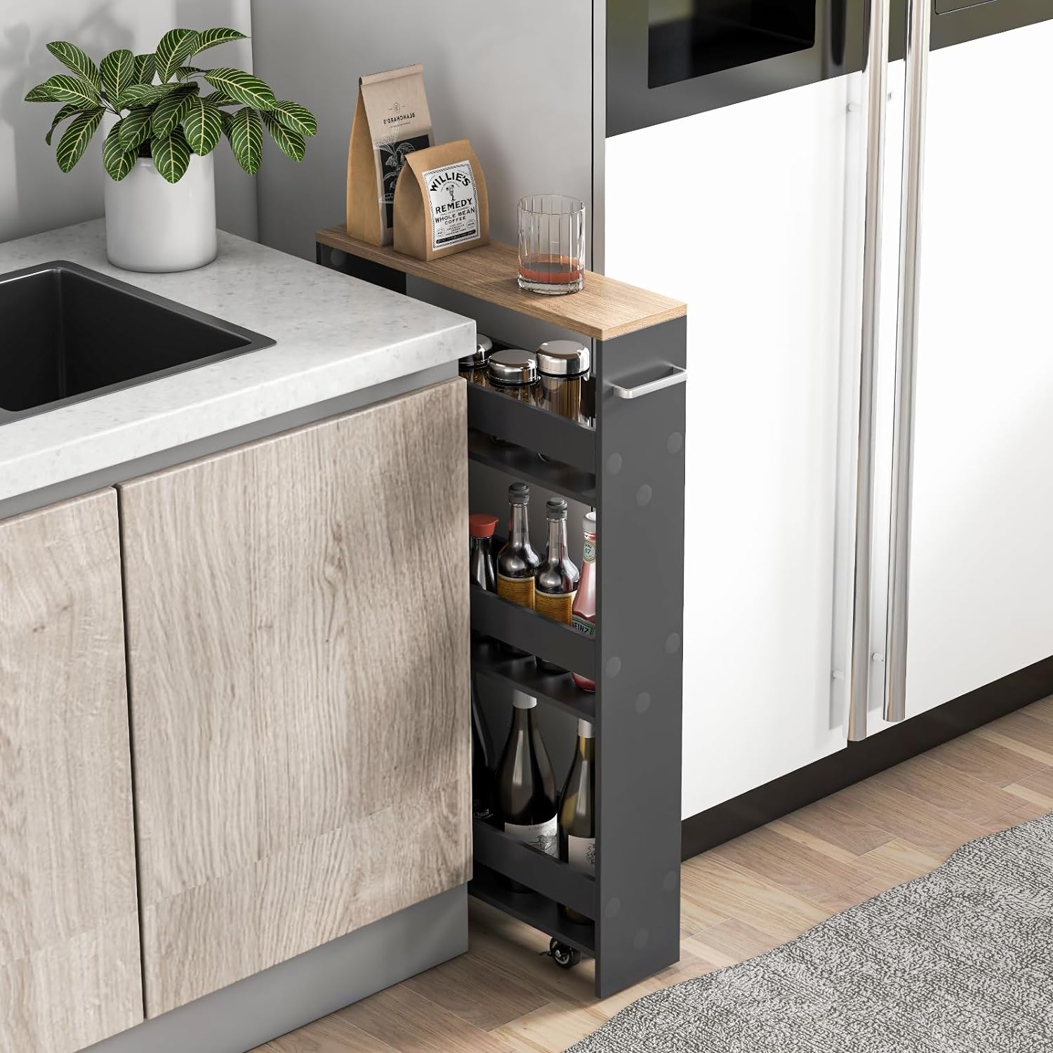 Carrello Portaoggetti da Cucina, Scaffale con Maniglia Laterale e Ruote, Carrello Salvaspazio con 3 Scaffali Stretti, 47,5x13x80,5 cm (Naturale+Grigio)