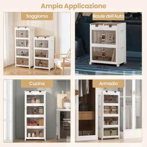 Scatole di Stoccaggio Pieghevoli con Coperchio, Set da 3/4 Contenitori con Ruote, Scatole Pieghevoli Organizer per Armadio con Porte Magnetiche ad Apertura Frontale, Multiuso(4 Livelli)