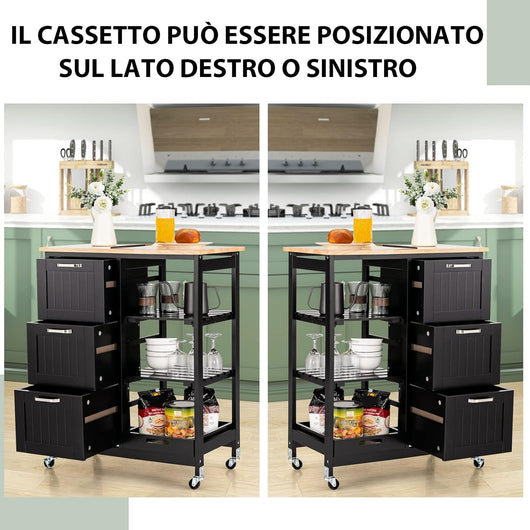 Carrello da Cucina con Ruote, Credenza Cucina con 4 Ripiani e 3 Cassetti, in Legno, Ideale per Cucina Ristorante e Bar, 67 x 37 x 83,5 cm (Nero)