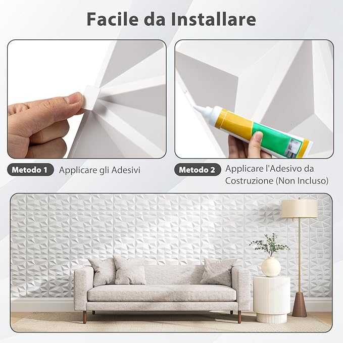 100 Pezzi 3D Pannelli Murali 30 x 30 cm, Pannello da Parete 3D Diamante, Decorazione Interna da Parete in PVC, 9 m², per Soggiorno Camera da Letto (9㎡,Bianco)