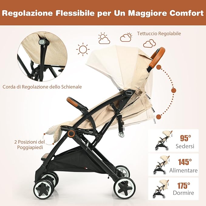 Passeggino Pighevole per Bmabini, Passeggino con Schienale e Poggiapiedi Regolabili, Passeggino Leggero Portata 15 kg, con Cappottina e Zanzariera, per Bambini 0-3 Anni (Beige)