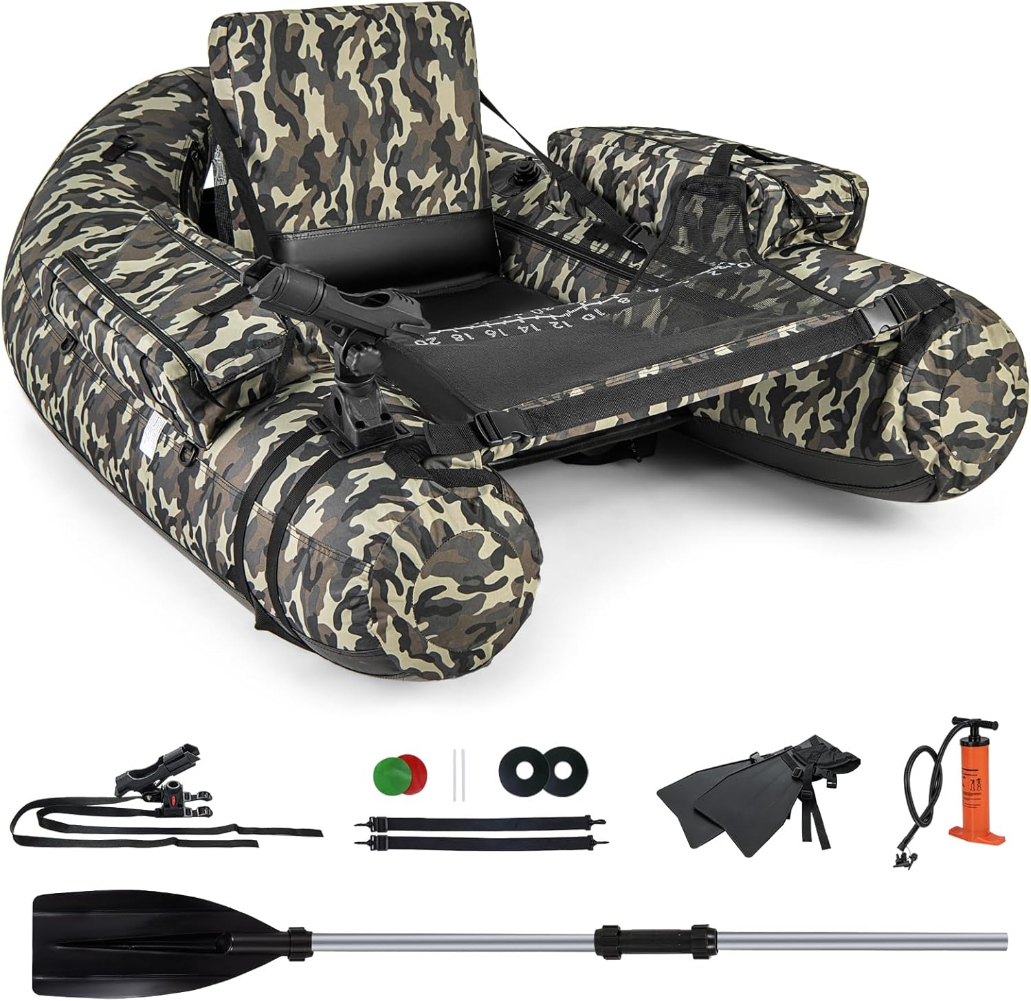 Gommone Gonfiabile da Pesca, Barca da Pesca Portatile con 2 Pinne, Pagaia in Alluminio, Pompa, Spallacci Regolabili e Kit di Riparazione, Schienale Regolabile, capacità di Carico 150kg