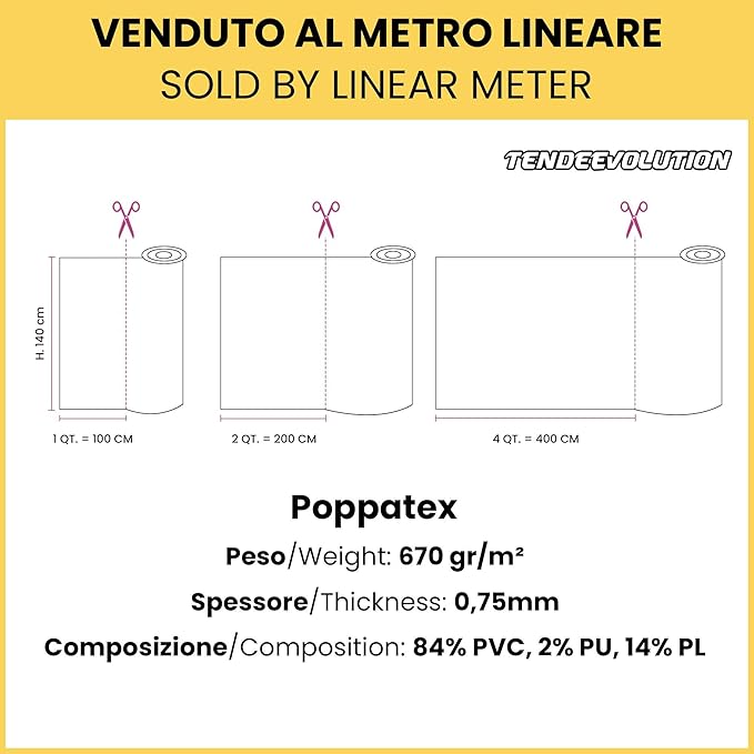 Tessuto Ecopelle Nautica Tappezzeria Alta Qualità "POPPATEX" - Colore GIALLO 80 - Morbida e Resistente - Vendita al Metro - H.140