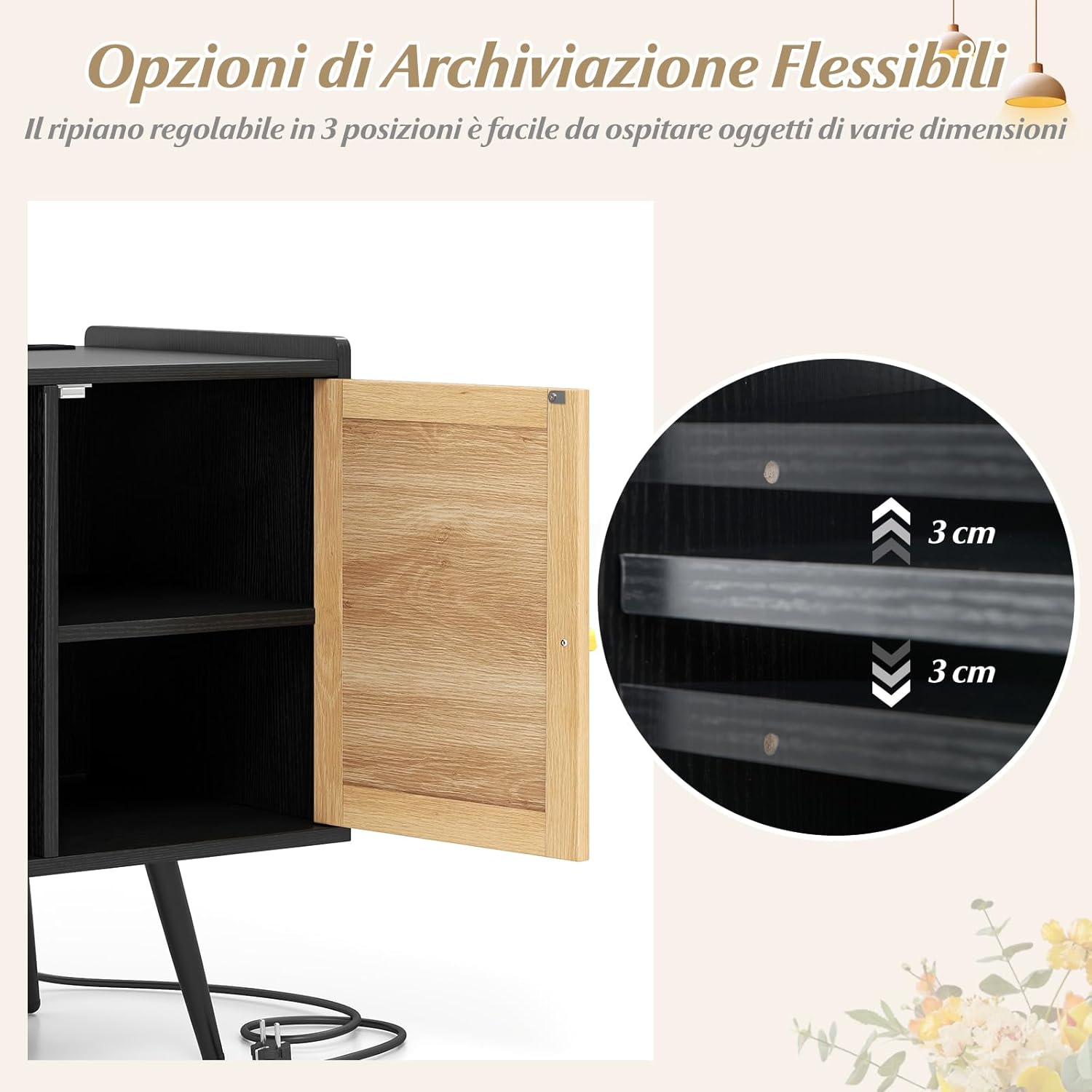 Supporto per Giradischi con Stazione di Ricarica, Credenza per Giradischi con Armadietto di Rattan, Mensole Regolabile, per 220 Album, Mobile Cucina Salvaspazio per Vinile (Nero)