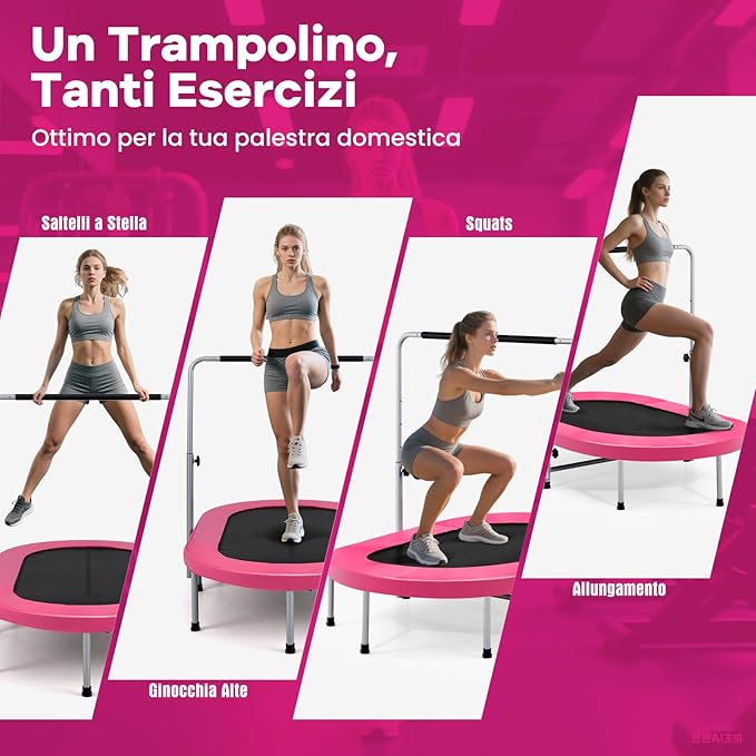 Trampolino Elastico da Interno ed Esterno, Tappetino Elastico Pieghevole per Adulti e Bambini con Maniglia Regolabile, Molle e Cuscinetto di Sicurezza, Trampolino Ovale per 2 Persone