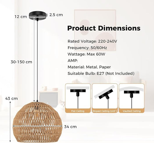 Lampada a Sospensione, Lampadario Moderno con Struttura in Metallo e Cupola in Carta, Luce con Altezza Regolabile per Cucina, Camera da Letto e Soggiorno, 43 x 43 x 34 cm (Marrone) [Classe di efficienza energetica F]