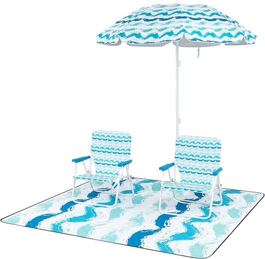 Set da Spiaggia di 4 Pezzi con Ombrellone, 2 Sedie Pieghevoli, Coperta da Picnic, Parasole Portatile per Esterni con Meccanismo di Inclinazione, Portabicchieri, Braccioli