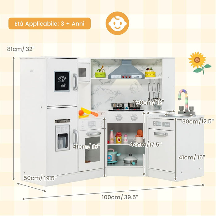 Set di Cucina Giocattolo per Bambini, con Suoni e Luci Divertenti, Lavabo, Forno a Microonde, Macchina del ghiaccio e Lavastoviglie, Lavagna, Ideale per Bambini 3 Anni+ (Bianco)