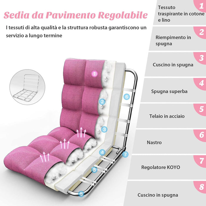 Sedia da Terra, Sedia da Pavimento con Posizioni Regolabili, Sedia Reclinabile Imbottita con Struttura in Acciaio Durevole, Facile da Conservare, Ideale per Salone Studio e Camera (Rosa)