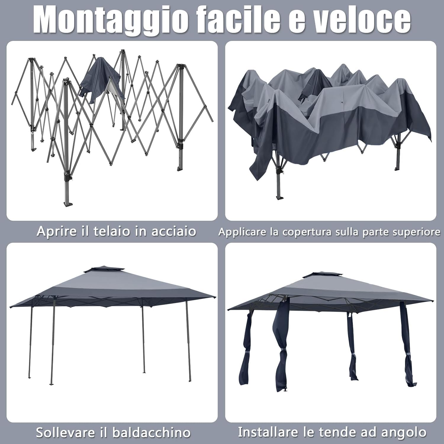 Gazebo da Giardino 3,95 x 3,95 M, Gazebo da Esterno con Tetto a 2 Livelli e 3 Altezze Regolabili, con Borsa,Tessuto Oxford, Ideale per Feste, Barbecue, Giardino, Spiaggia (Grigio)