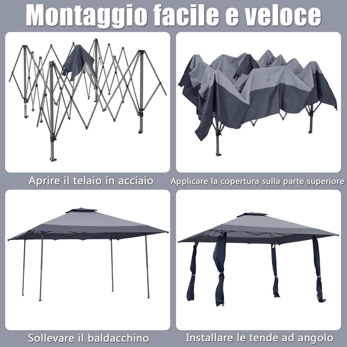 Gazebo da Giardino 3,95 x 3,95 M, Gazebo da Esterno con Tetto a 2 Livelli e 3 Altezze Regolabili, con Borsa,Tessuto Oxford, Ideale per Feste, Barbecue, Giardino, Spiaggia (Grigio)