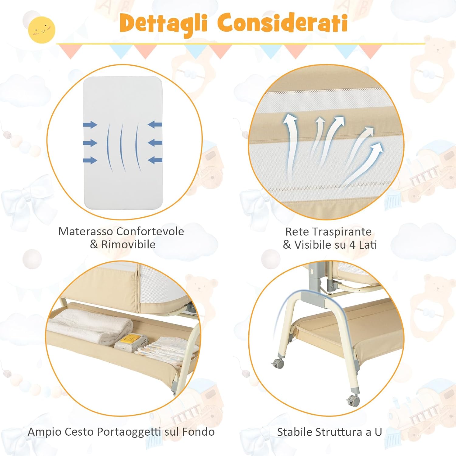 Culla Neonato Fianco 4 in 1, Culla Co-sleeping con Spondina Aperto, Altezza Regolabile, Inclinabile, Materasso Ruote Borsa da Viaggio Zanzariera Inclusi, 0-6 Mesi Fino a 9 kg (Beige)