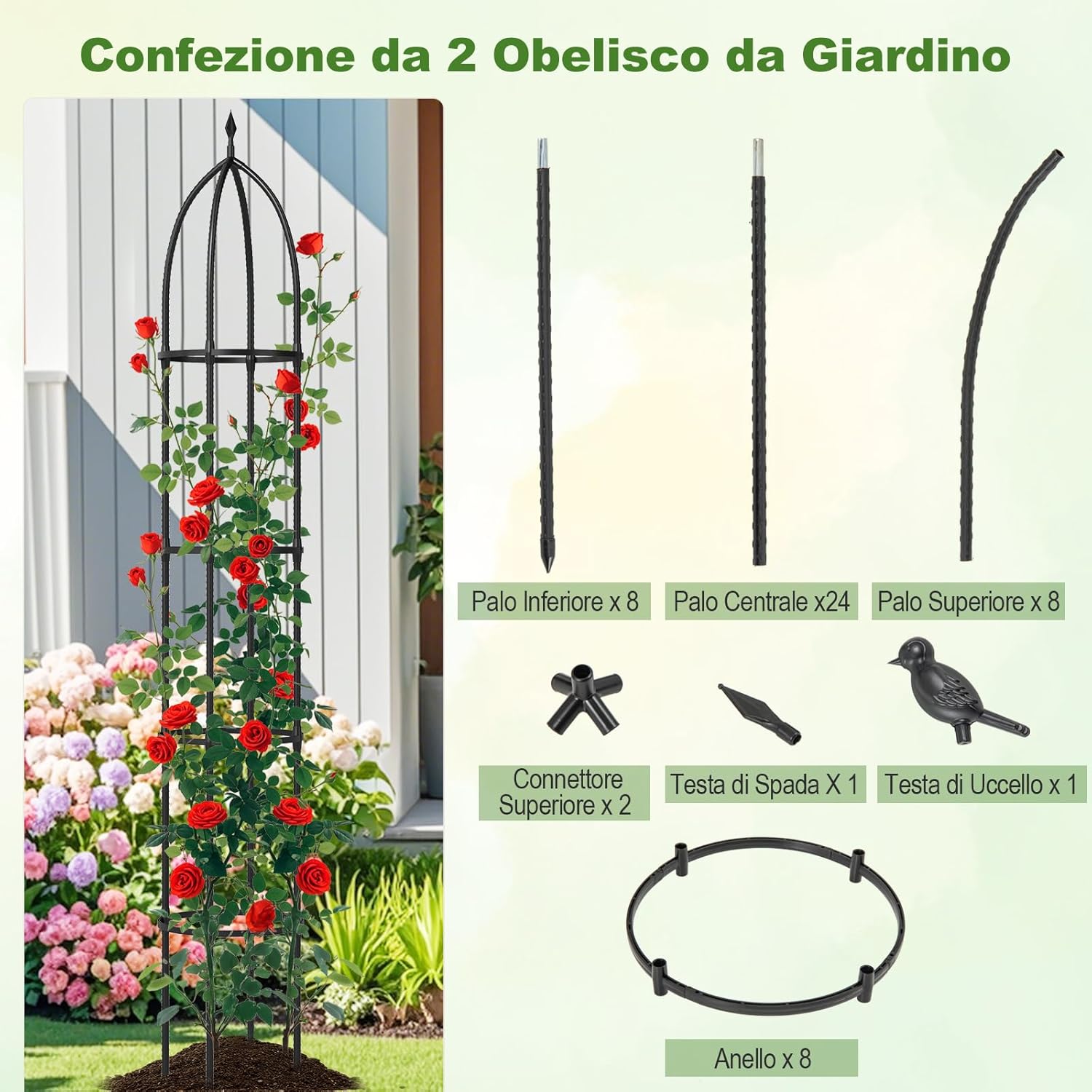 2 Trellis da Giardino per Piante Rampicanti 197 cm, 2 Tralicci in Metallo a Obelisco per Piante in Vaso, Supporto da Giardino per Verdure, Fiori, Pomodori, Rose e Clematidi