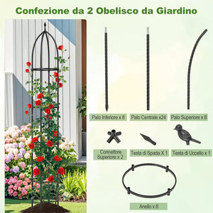 2 Trellis da Giardino per Piante Rampicanti 197 cm, 2 Tralicci in Metallo a Obelisco per Piante in Vaso, Supporto da Giardino per Verdure, Fiori, Pomodori, Rose e Clematidi