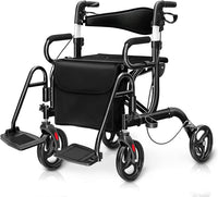 Deambulatore 2 in 1 per Anziani in Alluminio, Rollator Pieghevole e Regolabile in Altezza con Sedia, Schienale Reversibile, Manici Regolabili, Ruote, Poggiapiedi e Borsa Rimovibile (Nero)