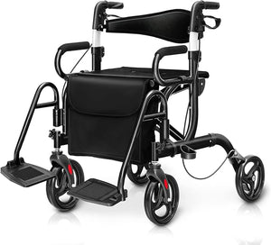 Deambulatore 2 in 1 per Anziani in Alluminio, Rollator Pieghevole e Regolabile in Altezza con Sedia, Schienale Reversibile, Manici Regolabili, Ruote, Poggiapiedi e Borsa Rimovibile (Nero)