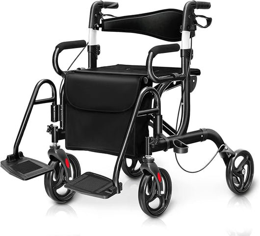 Deambulatore 2 in 1 per Anziani in Alluminio, Rollator Pieghevole e Regolabile in Altezza con Sedia, Schienale Reversibile, Manici Regolabili, Ruote, Poggiapiedi e Borsa Rimovibile (Nero)